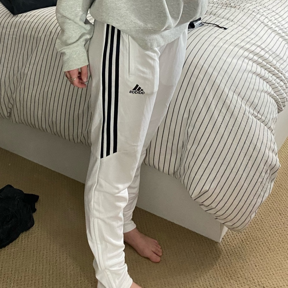 white adidas side stripe pants